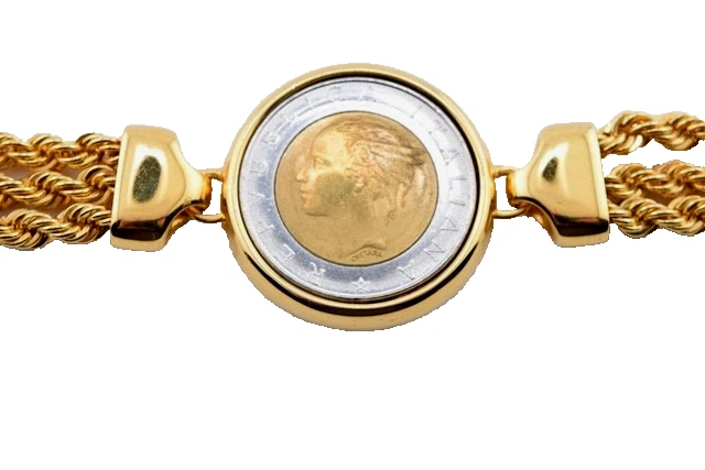 Pulseira de moedas Bellezza Itália 500 liras corda tripla corrente bronze HSN - Imagem 1 de 4