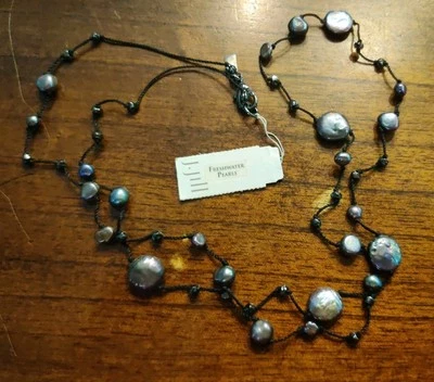 Collar con cordón de cuentas negras perla moneda de agua dulce gris 32" para mujer nuevo con etiquetas venta al por menor $39 Foto 1 de 4