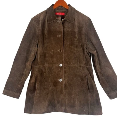 Chaqueta de gamuza marrón chocolate para mujer abrigo de cuero grande de lujo AK Anne Klein Foto 1 de 4