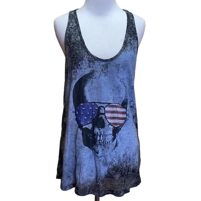 Rock & Republic Stars & Stripes Skull with Sunglasses Racerback Tank Top Small - Image 1 of 4