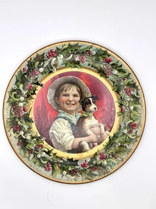 Antique C.D. Kenny Tin Christmas Holly Plate c. 1900's Boy with Dog 9-1/2” dia - Picture 1 of 8