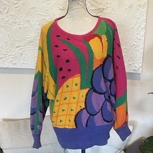 I.B. Diffusion Knit Sweater Fruits Watermelon Grape Vintage Ramie Linen Sz S - Picture 1 of 6