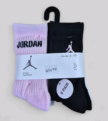 NIKE JORDAN Niñas Calcetines Crew Jumpman Baloncesto Acolchado 6 Pares Zapato 10C-3Y  Foto 1 de 4