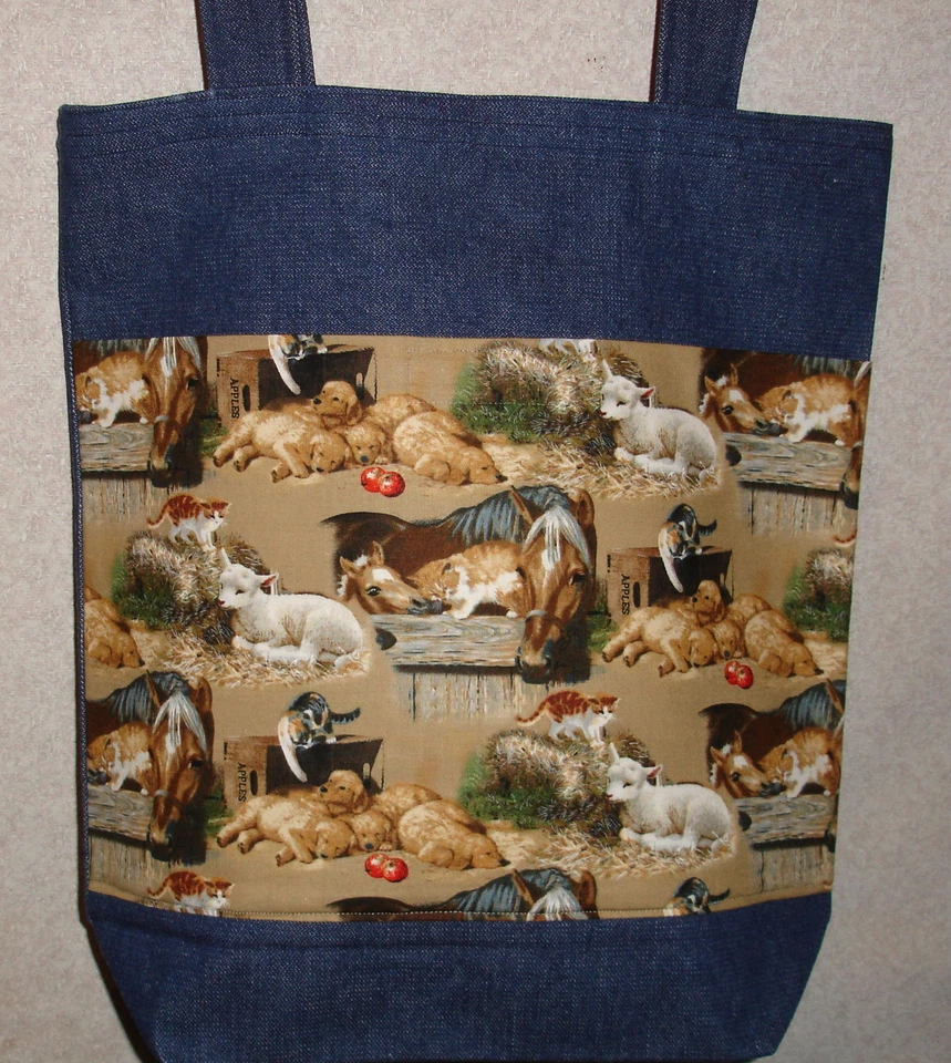 NUEVO Bolso de Mano Hecho a Mano Grande Caballo Oveja Pacífico Granja Denim Compras Foto 1 de 1