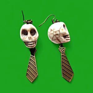 CORPORATE ZOMBIE EARRINGS dead office job bronze necktie Howlite skull goth U6 - Picture 1 of 3