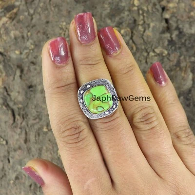 Green Copper Turquoise Sterling Silver Ring Boho Statement Wedding Gift Ring - Image 1 of 4