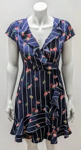 Women's Short Sleeve Chic Floral Print Ruffle MIDI Dress Size UK 8 Navy - Picture 1 of 2