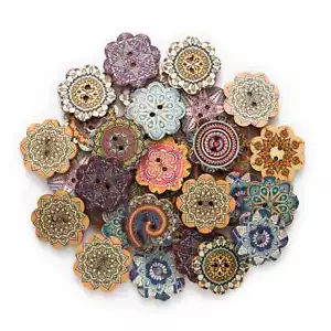 50pcs Painted Flower Wood Buttons for Handwork Sewing Scrapbook Clothing Crafts - Picture 1 of 3