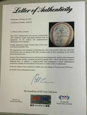 1982 CALIFORNIA ANGELS team signed BASEBALL by 24 PSA/DNA~TOMMY JOHN~FRED LYNN - Image 1 of 4
