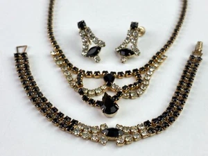 Vintage SET Gold Tone Black Clear Stones Necklace, Bracelet, Screw-Back Earrings - Picture 1 of 15
