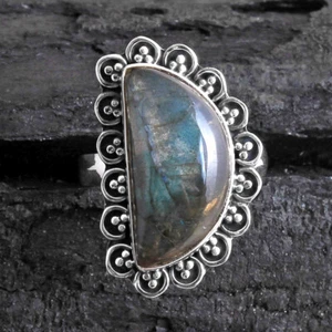 Labradorite Gemstone Ring Size 8 925 Solid Sterling Silver HANDMADE Fine Jewelry - Picture 1 of 2