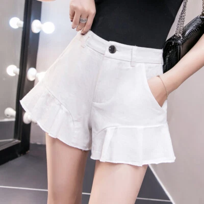 Mujeres Denim Jean Pantalones Cortos Calientes Volantes Plisados Cintura Alta Pierna Ancha Verano Sexy Foto 1 de 4