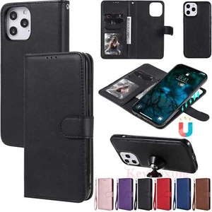 For iPhone 12 Pro 11 XR SE 8 7 6s Detachable Magnetic Leather Wallet Case Cover - Picture 1 of 43