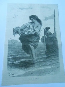 Gravure 1889 - Après la pêche Femme dénudée - Picture 1 of 1