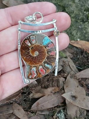 925 Sterling Modern Abstract Ammonite Fossil Turquoise Coral Smoky Topaz Pendant - Image 1 of 4