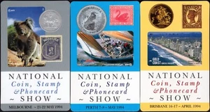 Conjunto de 3 tarjetas de recuerdo de moneda nacional, sello y tarjeta telefónica Australia Pay-Tel 1994 - Imagen 1 de 2