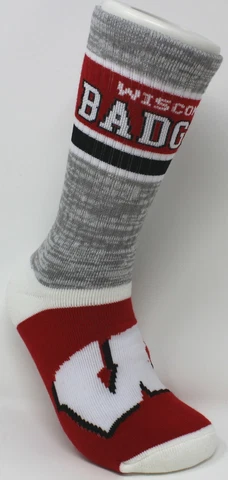 Wisconsin Badgers NCAA For Bare Feet Double Deuce Gray Knit Crew Socks *Large Cover