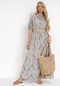 Nuevo Mujeres Pavo Real Floral Botones A través Mangas Enrolladas Maxi Camisa Vestido Reino Unido S-xl - Imagen 1 de 11