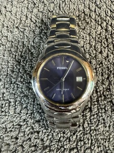 Men's Fossil Arkitekt FS-2906 50M Silver Tone Blue Quartz Date Watch New Battery - Picture 1 of 6