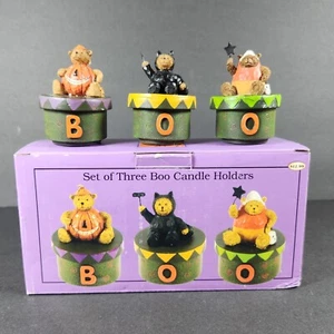 Set 3 Boo Candle Holders Halloween Mini Box w/ Lid Candy Corn Pumpkin Bat Bears - Picture 1 of 11