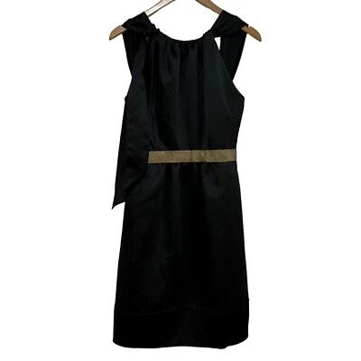 Vera Wang Maids 黑色缎面吊带连衣裙网眼金色细节及膝 10 码 — 第 1/4 张图片