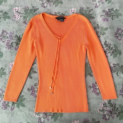 Vintage Y2K Pumpkin Orange Ribbed Etcetera V-Neck Knit Top - Image 1 of 4