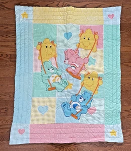 Vintage Care Bear Crib Quilt 31 x 39 Pink Blue Yellow Pastel Nursery Baby - Picture 1 of 4