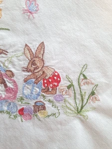 Tablecloth 100% Cotton Embroidered Spring Bunny Rabbits Butterfly Flower Nursery - Picture 1 of 9