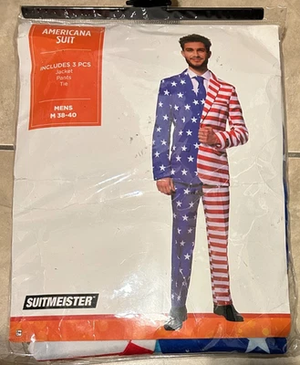 USA Flag Americana Suit Patriotic Costume Jacket Pants Tie Mens 38-40 NEW - Image 1 of 2
