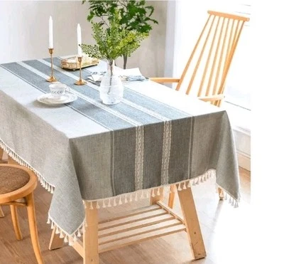 Quality 50%Linen 50% Cotton  Tabelcloth Fringe Embroidered White Blue - Image 1 of 4