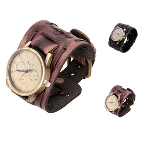 Orologio Uomo Retrò Cinturino Largo Cinturino Pelle Polsino Vintage Orologio Da Polso Quarzo - Foto 1 di 16