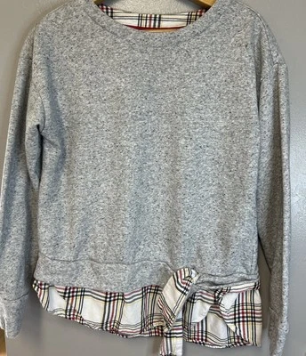 IZOD Women’s Gray Faux Layered Plaid Sweatshirt S Tie-Front 2-Fer Top - Image 1 of 4