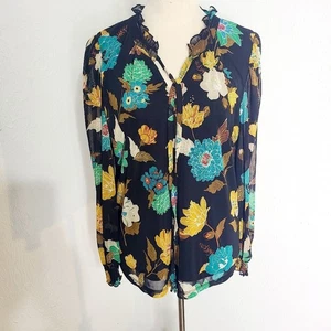 By Design schwarze Bluse, türkis & goldene Blumen, zum Binden @ Ausschnitt, Größe M - Bild 1 von 10