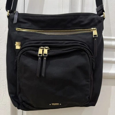 Black/Gold Tumi Crossbody Bag Adjustable Logo Purse Handbag Tote Pocketbook - Image 1 of 4