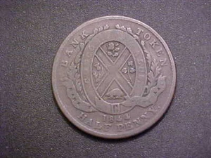 1844 CANADA BANK OF MONTREAL HALF PENNY TOKEN -NICE CIRC!! -d7934qns1 - Picture 1 of 2