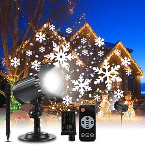 2 - LED Projector Christmas Snowflake Indoor/Outdoor Rotating Snowfall, Remote  - Picture 1 of 9