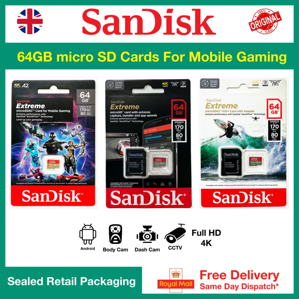 Micro SD Cards For Mobile Gaming - SanDisk Extreme microSD Cards 64GB - Image 1 of 1