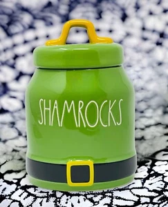 Rae Dunn St Patrick's Day SHAMROCKS Small Baby Green Canister with Belt Border - Picture 1 of 4