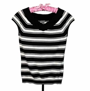Ann Taylor Sz S top Striped Black White V-neck Cap Sleeve 100% Cotton casual top - Afbeelding 1 van 10
