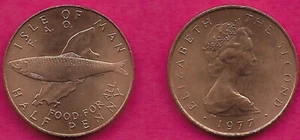 ISLE OF MAN 1/2 PENNY 1977 UNC 1 YEAR TYPE,ATLANTIC HERRING(CLUPIA HARENGUS) SUP - Picture 1 of 1