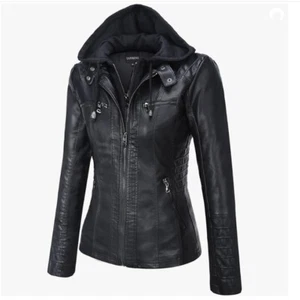 Moto Biker Style Fashionable Black Faux Leather Jacket Detachable Hood NEW Sz M - Picture 1 of 5