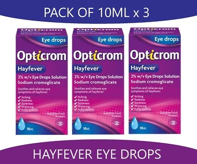 SANOFI Opticrom Hayfever 2% w/v Eye Drops Allergy Itching Redness Watering (10ml X 3)