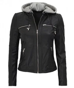 Original Sheepskin Leather Jacket for Women with Detachable Hood Stylish Biker - Picture 1 of 5