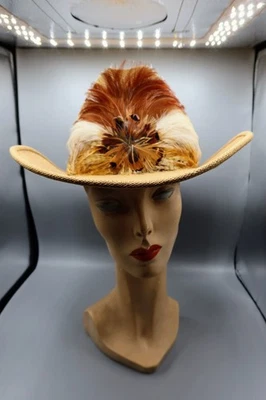 London Fog Straw Feathers Cowboy Style Hat Rodeo Western Cosplay - Image 1 of 4