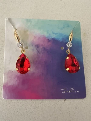 Ruby Red Crystal Teardrop Earrings, Elegant Formal Classic Pear Shaped Hooks - image 1 of 4