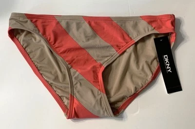 DKNY Bikini SWIMSUIT BOTTOM S NEW Coral/Beige STRIPE Small NWT Donna Karan NY - Image 1 of 2