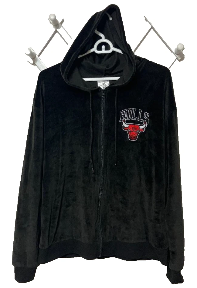 NBA Chicago Bulls Black Velour Zip Up Track Jacket Women’s Size Large - Image 1 of 4