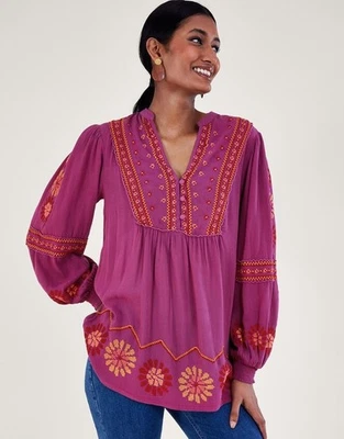 MONSOON Tunic Top Medium Pinky Purple Embroidery Buttons Long Sleeves - Image 1 of 4