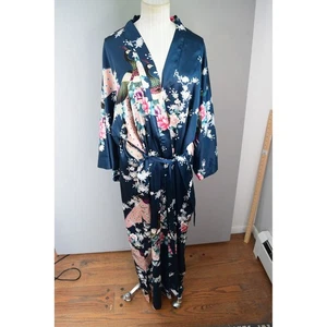 KIM + ONO Damen Blumen Pfau Satin Lang Morgenmantel Kimono Nachthemd Blau - Bild 1 von 6