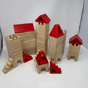 Plan Toys Vintage Hollow Castle Building Blocks Natural & Red Set of 29 NO BOX - Picture 1 of 15